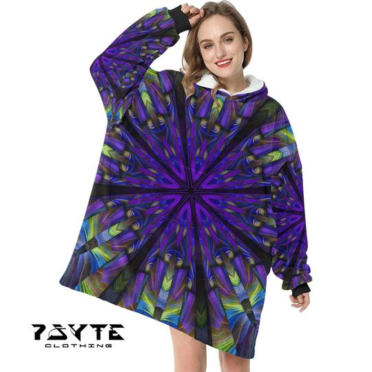 Purple Fractal Mandala hooded Blanket, Oversize Hoodie Blanket, Wearable Fleece Hoodie Blanket,Blue Hoodie, Blue Blanket, Winter Blanket