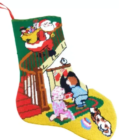 Needlepoint Felt Christmas Stocking Santa Claus with Kids Bucilla Completed