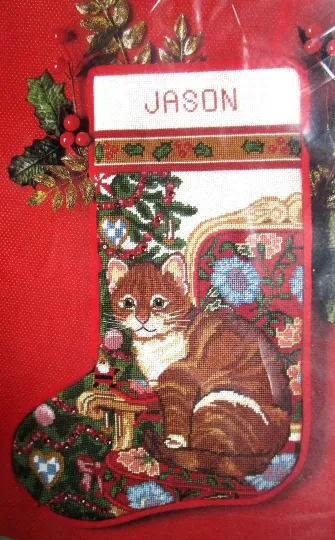 Candamar Designs "Christmas Kitty" Stocking Needlepoint Kit with Red Sequins