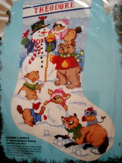 Christmas Holiday Bucilla Needlepoint Stocking Kit, SNOWMAN ANIMALS,Gillum,60707