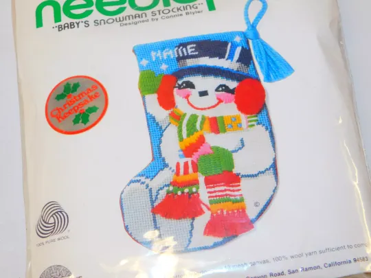Sunset Jiffy Needlepoint 8" Stocking Kit Baby's SNOWMAN Christmas Wool 5091