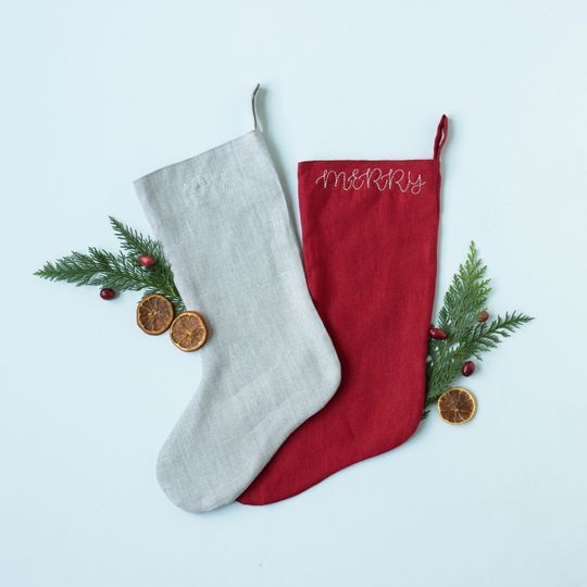 Linen Christmas Stockings Personalized Neutral, Embroidered Stockings Christmas Traditional, Custom Stockings, Xmas Stockings