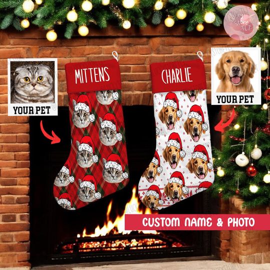Custom Photo Pet Christmas Stocking, Personalized Holiday Stocking for Dog Cat, Puppy Kittens Stocking for Dog Cat Lover, Funny Xmas Decor