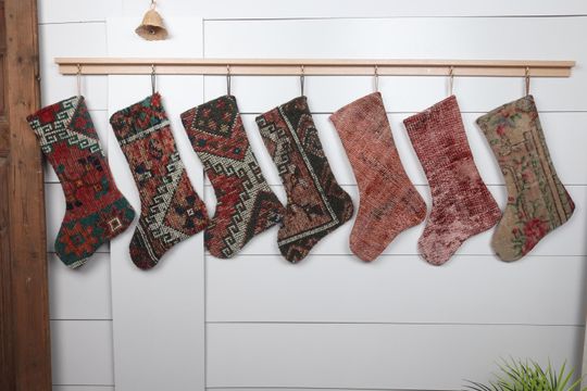 Unique Xmas Stocking  Handmade Kilim  7x18 Inches (18x45 cm)  Santa Claus Decor