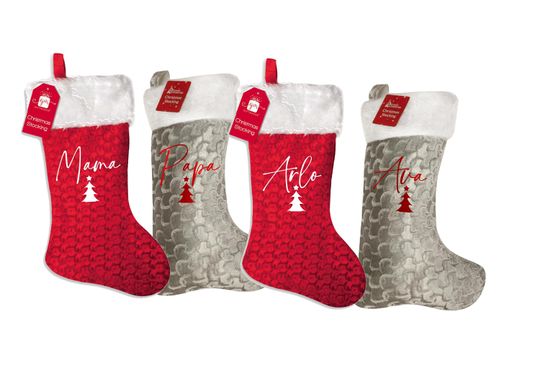 Personalised your name print Christmas xmas stocking sock-  family matching twinning Santa presents - GREY or RED styles - tree design