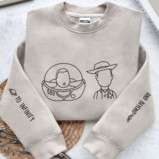 Embroidered Woody Buzz Lightyear To Infinity And Beyond Sweatshirt,   Toy Story Line Art Embroidery Sweater, Disneyland Friends Trip