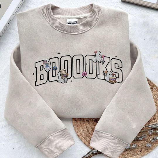 Embroidered Boo Ghost Books Sweatshirt, Ghosts Reading Books Embroidery Sweater, Funny Halloween Gift For Bookish Book Lover, Spooky Teacher