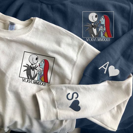Custom Embroidered Jack Skellington And Sally Roman Numeral Sweatshirt,  Couple Matching Sweater, Initial On Sleeve, Anniversary Gift