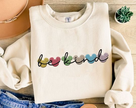 Embroidered Mickey Mouse Head Be Kind Sweatshirt, Vintage  Embroidery Sweater, Disneyland Trip, Cute Birthday Gift,   World