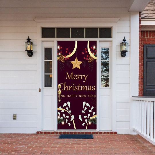 Merry Christmas Door Decorations - Outdoor Christmas Mural - Christmas Door Covers - Full Color Holiday Door cover