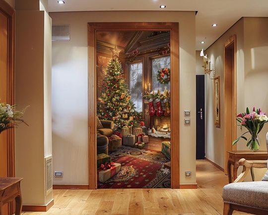 Christmas theme door, realistic christmas tree decor front door cover, holiday theme door decal, outdoor christmas door decoration