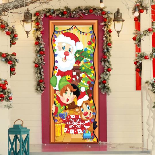 Christmas Door Cover Holiday House Decoration, Window Door Cover with Santa Claus and Elf Design, 72X30", Indoor Christmas Party Decoration