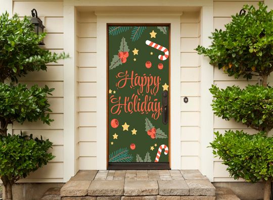Happy Christmas Door Cover - Christmas Front Door - Holiday Outdoor Decorations - Full Color Christmas Door Mural
