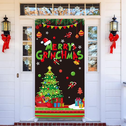 Merry Christmas Party Door Cover Decoration Christmas Door Sign Winter Red and Green Xmas Photo Booth Backdrop Background Holiday Favor