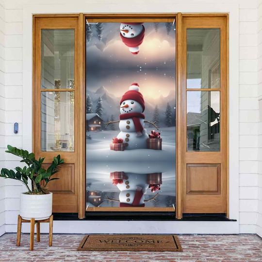 Merry Christmas Cute Snowman Print Door Cover , Party Decorations, Porch Signs, For Birthdays Indoor Outdoor Use