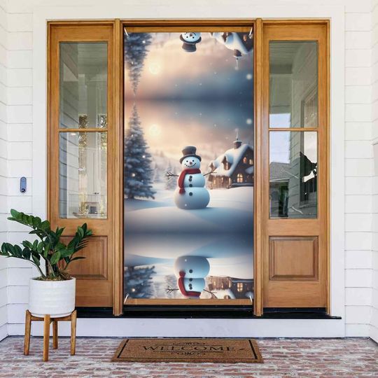 Merry Christmas Cute Snowman Print Door Cover , Party Decorations, Porch Signs, For Birthdays Indoor Outdoor Use