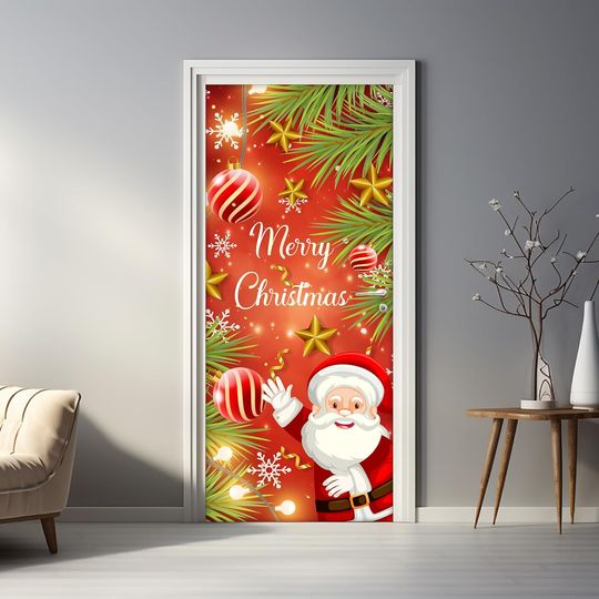 Santa Claus door cover, Christmas theme door decal, peel and stick, Merry Christmas door mural