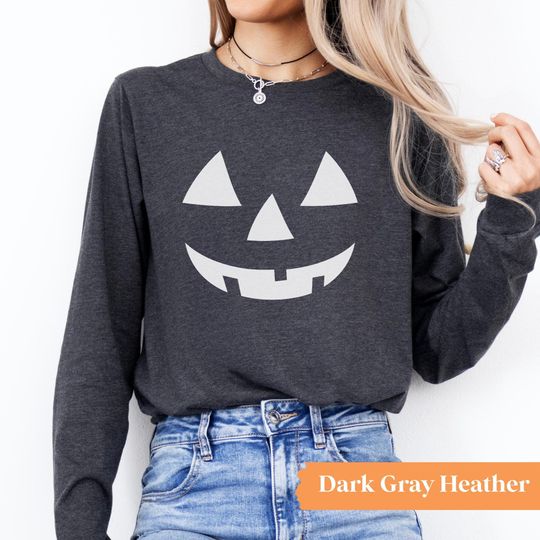 Pumpkin Long Sleeve Shirt, Jack o' Lantern Long Sleeve, Pumpkin Face Long Sleeve Shirt, Women's Pumpkin Shirt, Women's Fall Long Sleeve