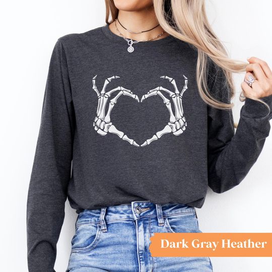 Skeleton Hand Heart Long Sleeve, Women's Halloween Long Sleeve Shirt, Skeleton Long Sleeve