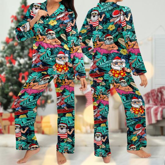 Tropical Santa Aloha Christmas Women Pajamas, Santa Claus Button Up Shirt, Santa Claus Xmas Pajamas, Xmas Holiday Party Gift