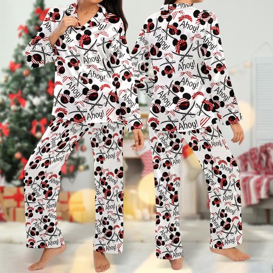Discover Mickey Cruise Pirate Pajamas, Mickey Mouse Button Up Shirt, Mouse Pirate Women Pajamas Set, Cartoon Magic Kingdom Family Trip Gift