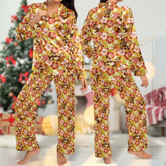 Floral Chip n Dale Pajamas, Chip Dale Pajamas Set, Cartoon Character Button Up Shirt, Magic Kingdom Shirt, Family Trip T-Shirt