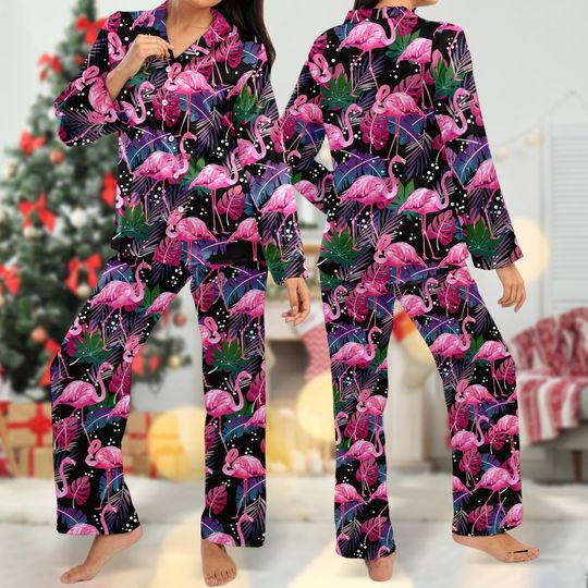 Flamingo Pajamas Set, Flamingo Button Up Shirt, Pink Flamingo Family Matching Pajamas, Animal Lover Tee, Summer Trip Gift For Women