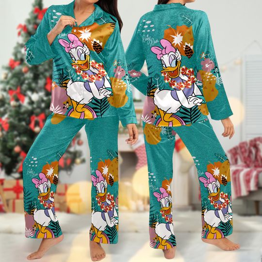 Floral Daisy Duck Pajamas, Animated Daisy Duck Long Sleeve Shirt, Cartoon Pajamas Set Women, Magic Kingdom T-Shirt, Family Trip Gift