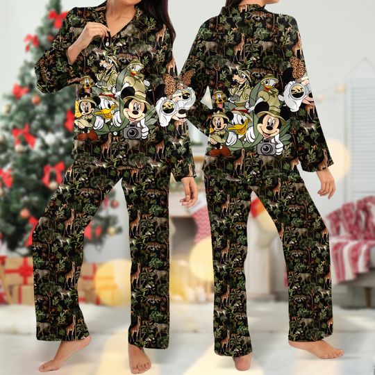 Mickey Mouse Pajamas, Minnie Mouse Pluto Shirt, Safari Cartoon Pajamas Set Women, Gift For Women, Safari Magic Kingdom Shirt