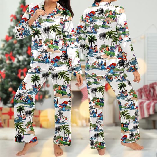 Stitch Tropical Pajamas, Stitch Pajamas Set, Ohana Mean Cartoon Button Up Shirt, Stitch Women Shirt, Family Magic Kingdom Gift