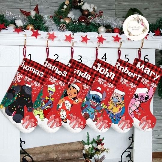 Personalized Red Buffalo Plaid Lilo & Stitch Disney Christmas Stocking, Stitch Angel Couples Christmas Stockings With Name, Family Christmas