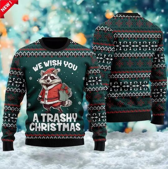 Raccoon Christmas Sweater - We Wish You a Trashy Christmas Ugly Sweater - Funny Holiday Knit for Animal Lovers
