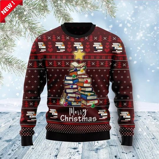 Book Christmas Tree Sweater - Cozy Holiday Knit for Book Lovers - Merry Christmas Ugly Sweater