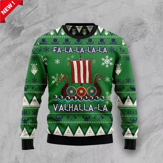 Viking Christmas Sweater - Fa-La-La-La Valhalla Ugly Sweater - Funny Holiday Knit for Norse Fans