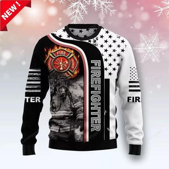 Firefighter 3D Christmas Sweater - Courage, Honor, and Service Design