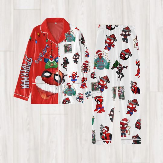 Spiderman Santa Hat Pajamas, Superhero Christmas Pajamas, Spider-Man Women Pajamas, Marvel Xmas Shirt, Christmas Party Gift