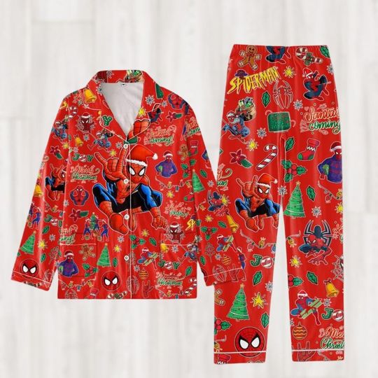 Spider Man Christmas Pajamas, Superhero Pajamas Set, Miles Morales Santa Holiday Pajamas, Christmas Vacation, Gift For Her
