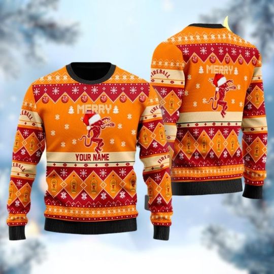 Custom Fireball Whisky Ugly Sweater, Whisky Christmas Sweater, Drink Xmas Sweater, Holiday Sweater For Men, Personalized Sweater