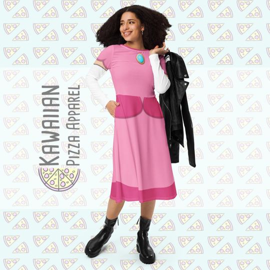 Peach Inspired All-over print long sleeve midi dress