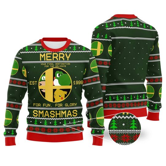 Super Smash Bros Ugly Christmas Sweatshirt | Mario Yoshi PKM Pika Ugly Sweater | Super Smash Bros Video Game Ugly Xmas Sweatshirt