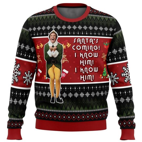 Christmas Elf Ugly Sweater, Santa's Coming I Know Him Sweater, Buddy Elf Xmas Sweater, Funny Elf Sweater, Christmas Movie Shirt Gift