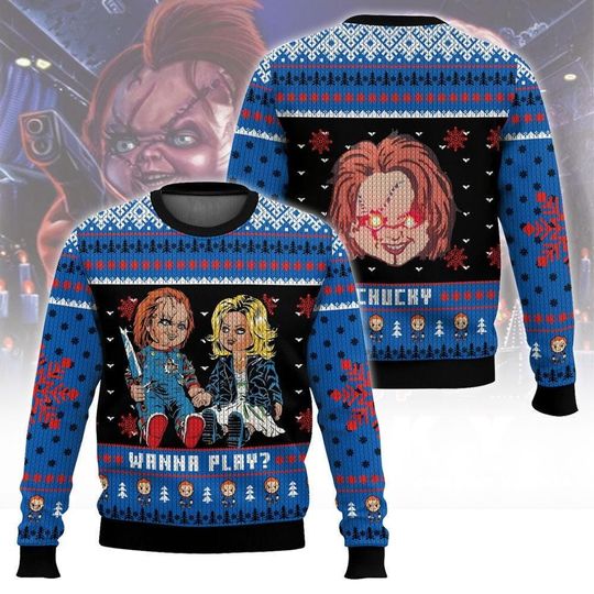 Chucky And Tiffany Ugly Christmas Sweater, Chucky Child's Play Shirt, Horror Ugly Sweater, Chucky Doll Sweatshirt, Holiday Sweater