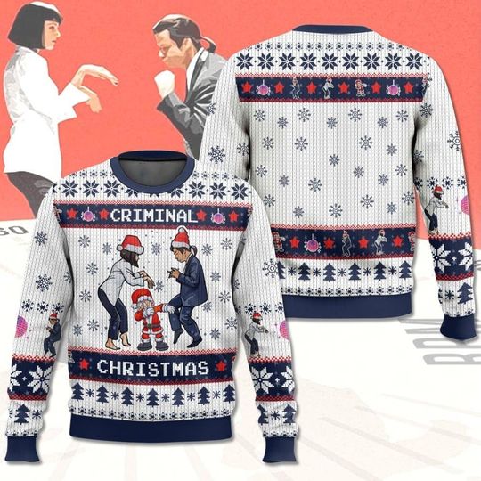 Pulp Fiction Dancing Christmas Ugly Sweater, Criminal Movie Sweater, Pulp Fiction Santa Hat Sweater, 90s Movie Xmas Gift