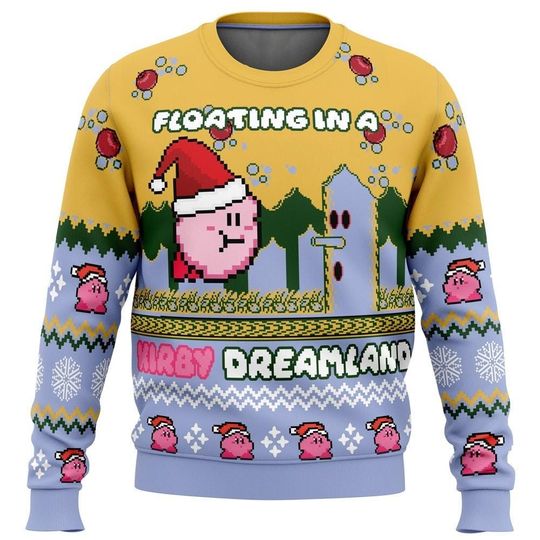 Floating In A Kirby Dreamland Ugly Christmas Sweater, Cute Pink Kirby Sweater, Video Game Christmas Ugly Sweater, Xmas Gift