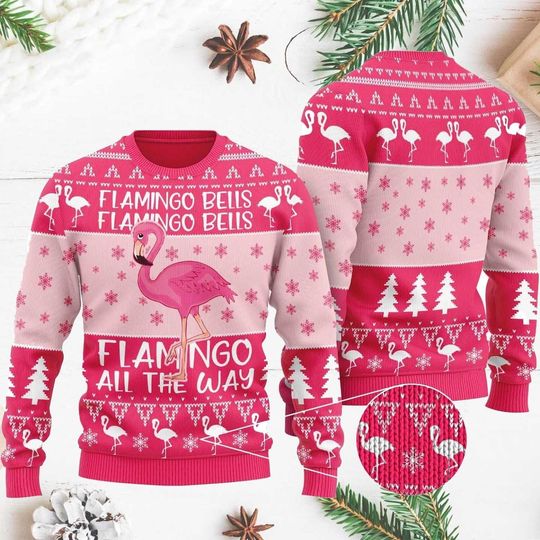 Pink Flamingo Christmas Sweater, Flamingo Ugly Sweater, Flamingo Bells All The Way List, Funny Xmas Sweater, Christmas Gift