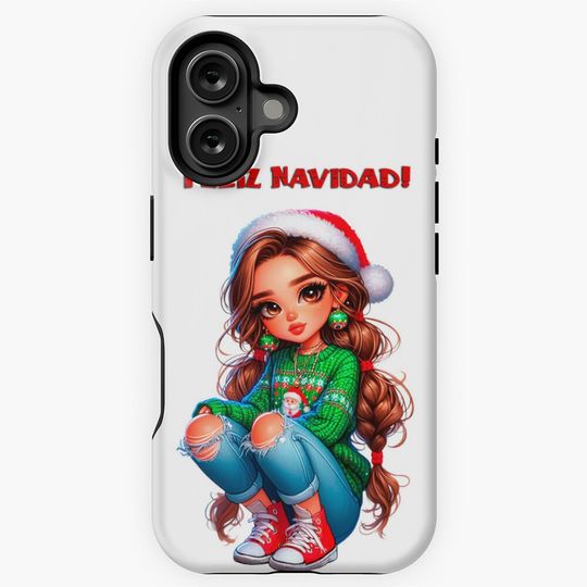 Christmas Chibi Girl, Feliz Navidad, Christmas Latina Doll, Girl With Santa Hat, Chrsitmas Beautiful Girl. iPhone Case