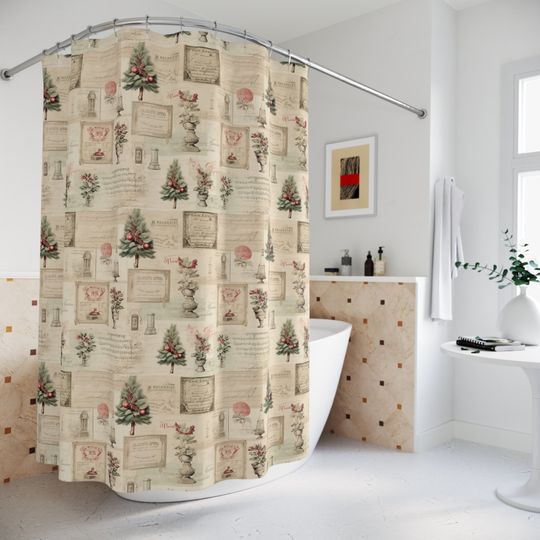 Vintage Christmas Shower Curtain | Retro Holiday Decor | Festive Bathroom Decor | Classic Xmas Scene | Trees Farmhouse | Nostalgic Christmas