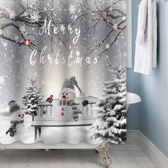 Merry Christmas Shower Curtain,Winter Snowman Shower Curtain, Xmas Tree Cardinal Bird Snowflake Holiday Bathroom Decor with Hooks