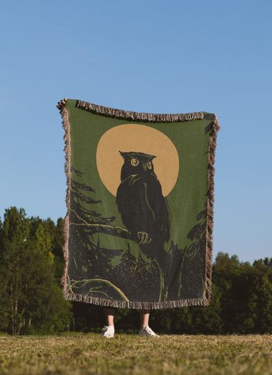 1919, Vintage American Forestry Night Owl Woven Blanket: Owl Tapestry, Camping Blanket, Van Life, Indie Room Decor, Grunge Room Decor