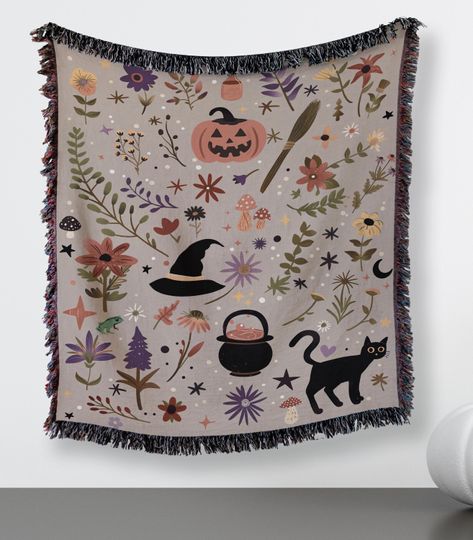 Witchy Woven Blanket Spooky Season Halloween Blanket Bedding Fall Picnic Blanket Dark Cottagecore Blanket Black Cat Woven Tapestry